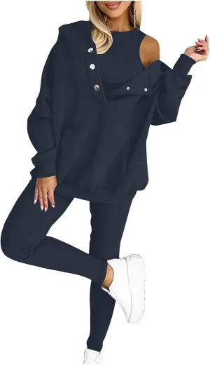 Sweatsuit Set for Women 3 Piece Oversized Outfits Button Hoodie Tank Top Long Pants Matching Lounge Set