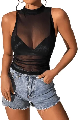 SweatyRocks Women's Sleeveless Mock Neck Slim Fit Ruched See Through Mesh Tank Top