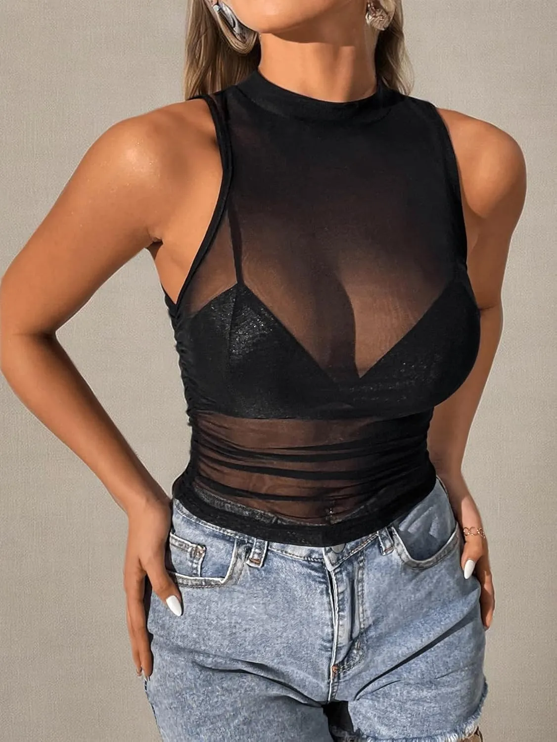 SweatyRocks Women's Sleeveless Mock Neck Slim Fit Ruched See Through Mesh Tank Top
