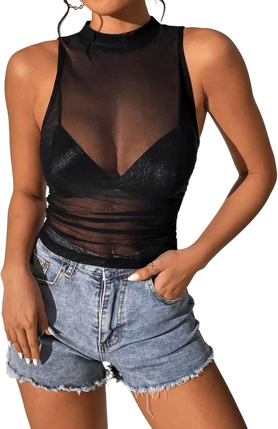 SweatyRocks Women's Sleeveless Mock Neck Slim Fit Ruched See Through Mesh Tank Top