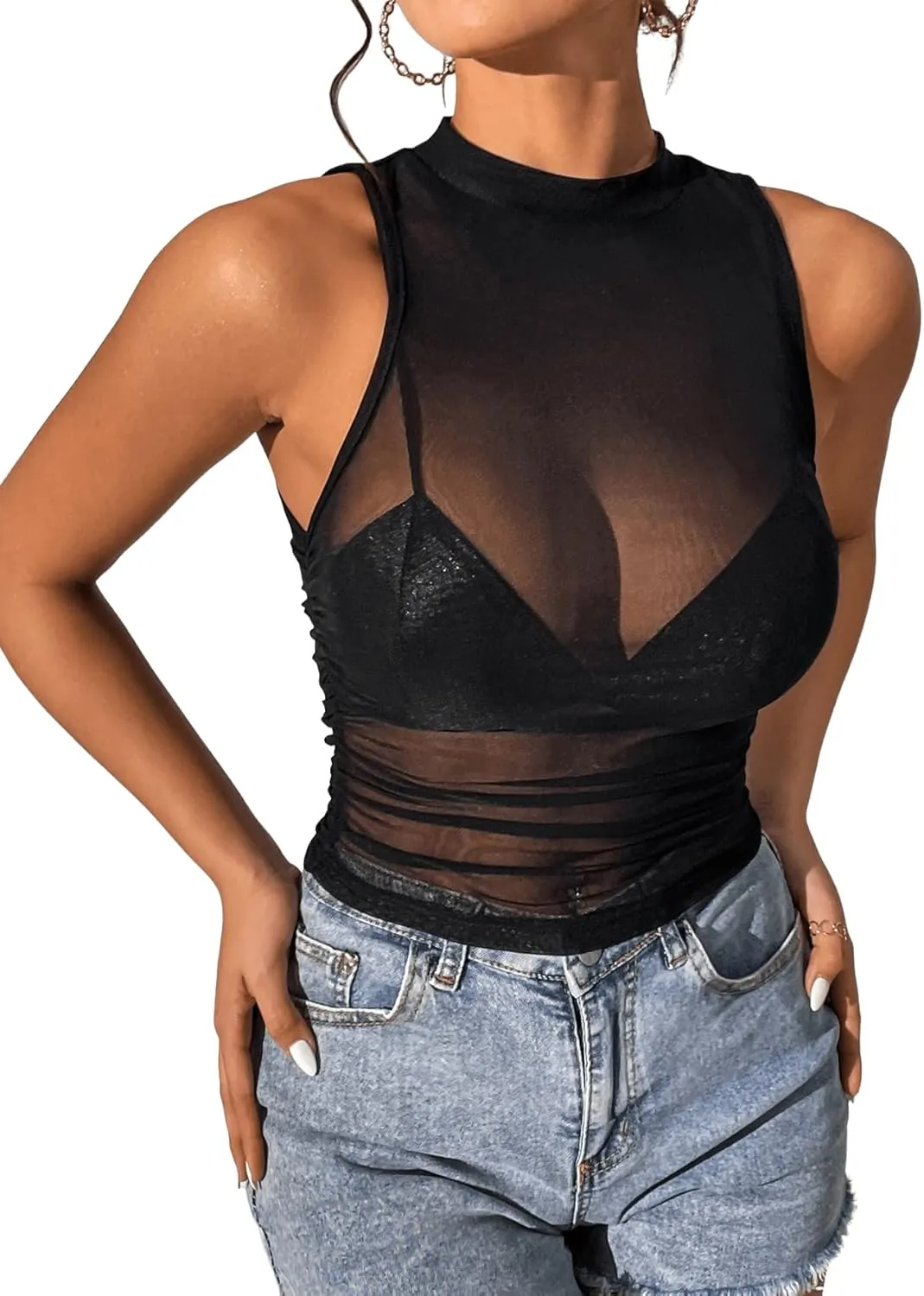 SweatyRocks Women's Sleeveless Mock Neck Slim Fit Ruched See Through Mesh Tank Top