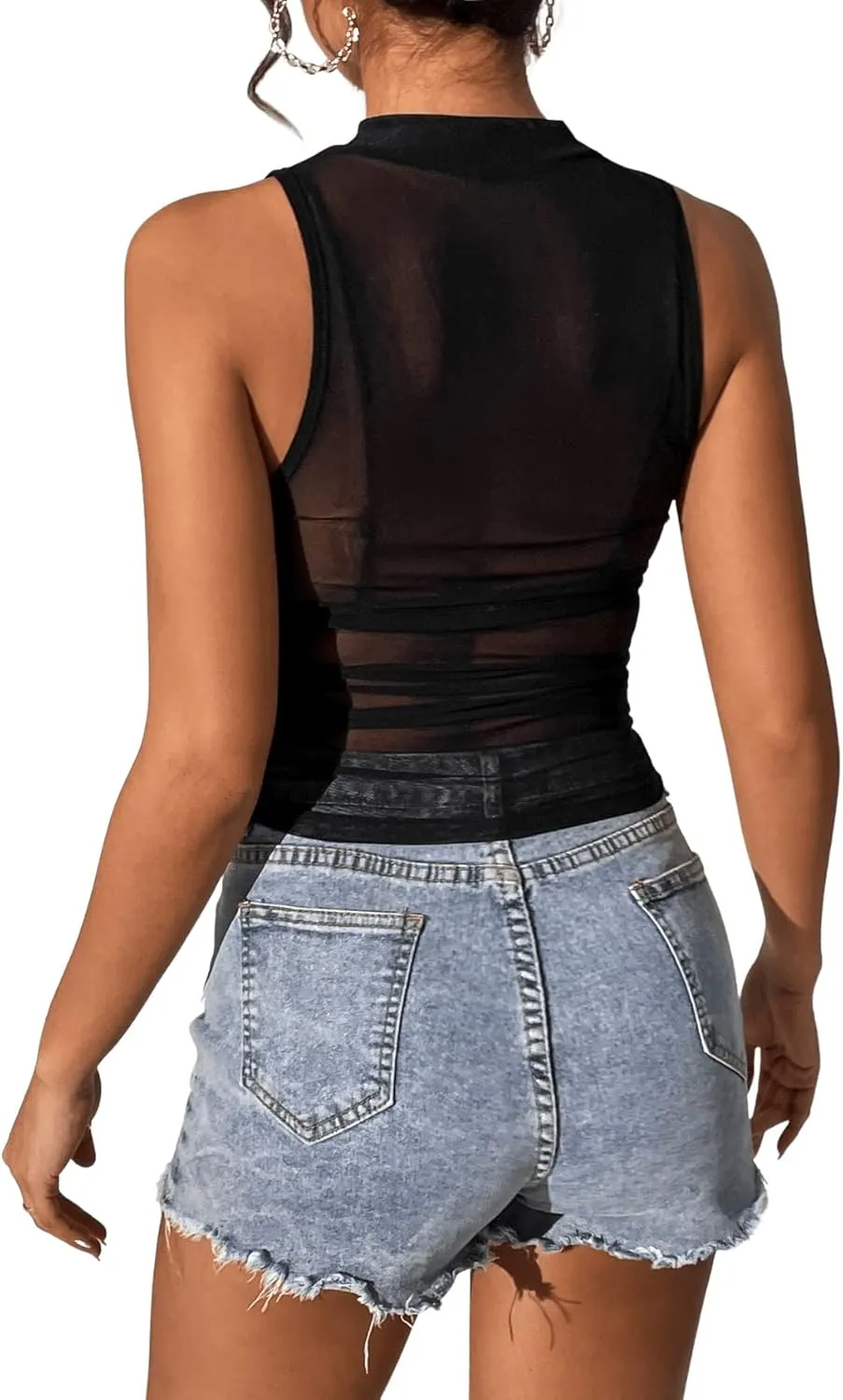 SweatyRocks Women's Sleeveless Mock Neck Slim Fit Ruched See Through Mesh Tank Top