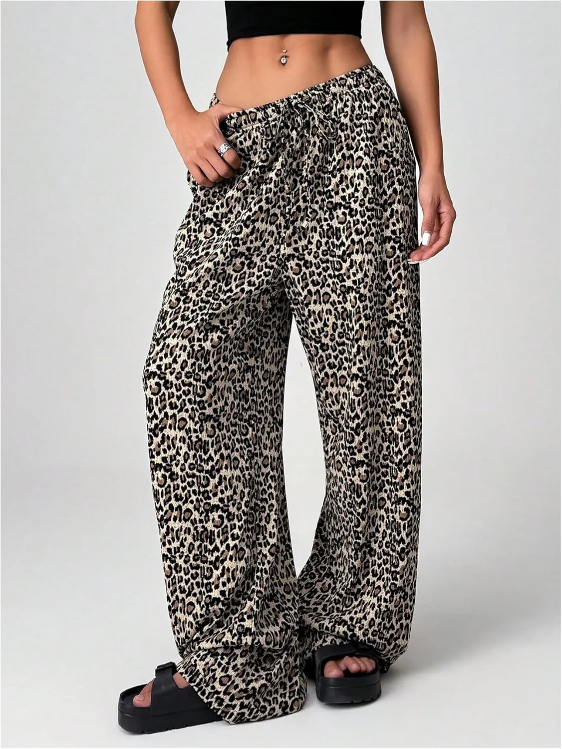 SweatyRocks Women's Wide Leg Pants with Pockets Leopard Print Drawstring Waist Trousers