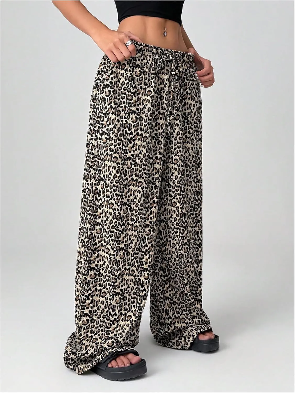 SweatyRocks Women's Wide Leg Pants with Pockets Leopard Print Drawstring Waist Trousers