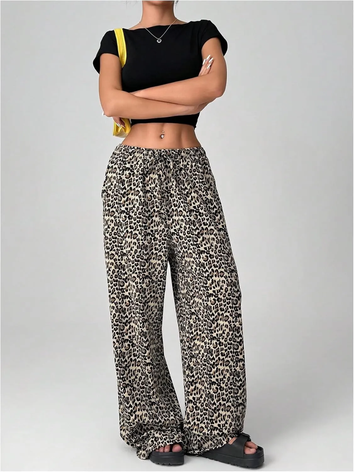 SweatyRocks Women's Wide Leg Pants with Pockets Leopard Print Drawstring Waist Trousers