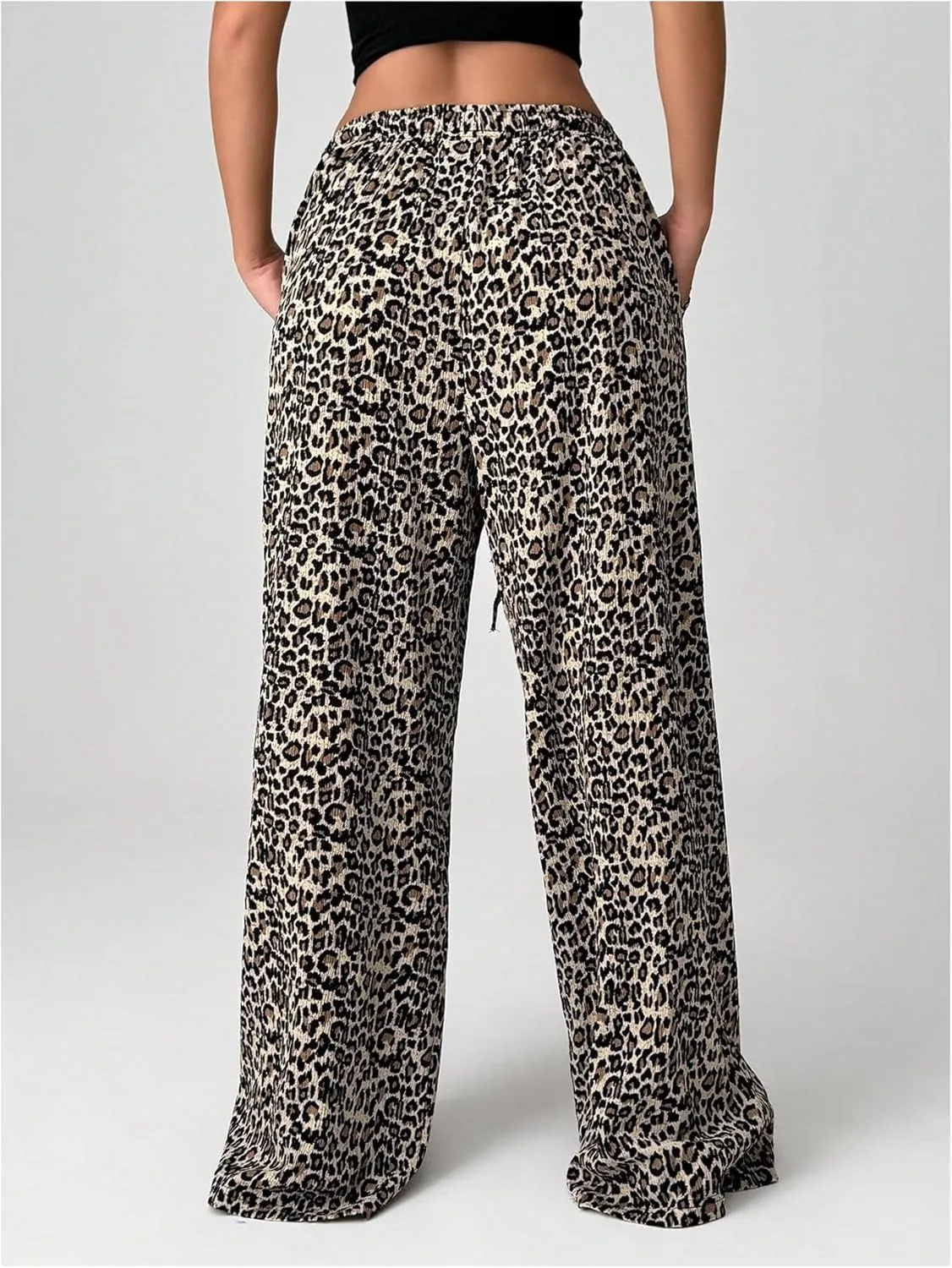 SweatyRocks Women's Wide Leg Pants with Pockets Leopard Print Drawstring Waist Trousers