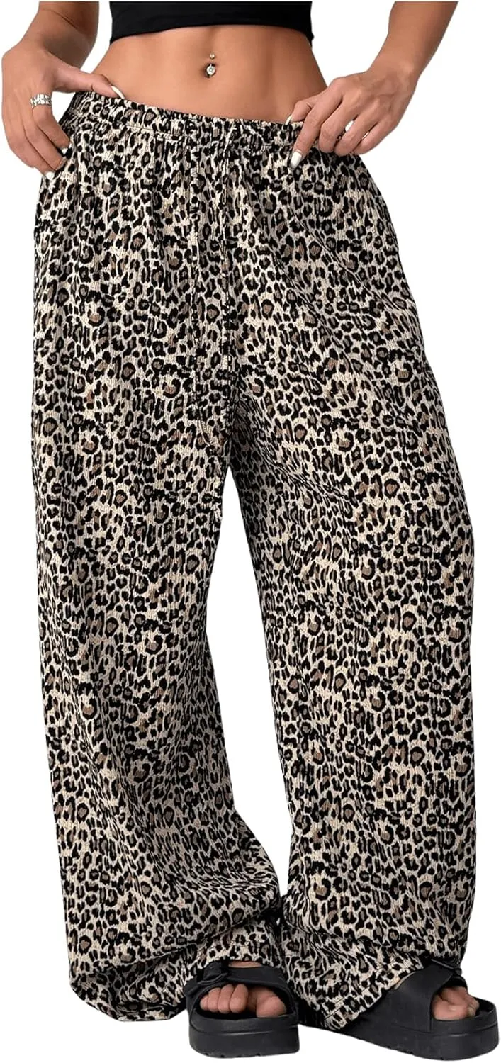 SweatyRocks Women's Wide Leg Pants with Pockets Leopard Print Drawstring Waist Trousers