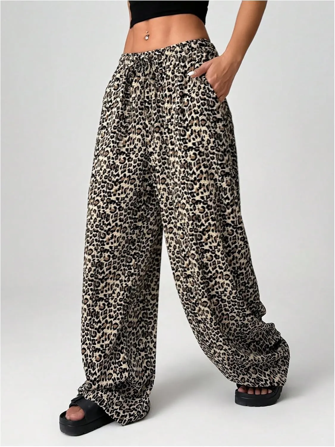 SweatyRocks Women's Wide Leg Pants with Pockets Leopard Print Drawstring Waist Trousers