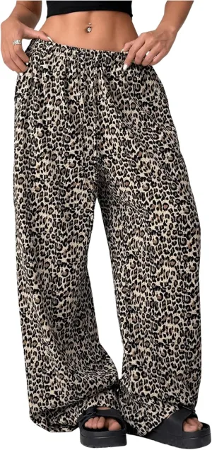 SweatyRocks Women's Wide Leg Pants with Pockets Leopard Print Drawstring Waist Trousers