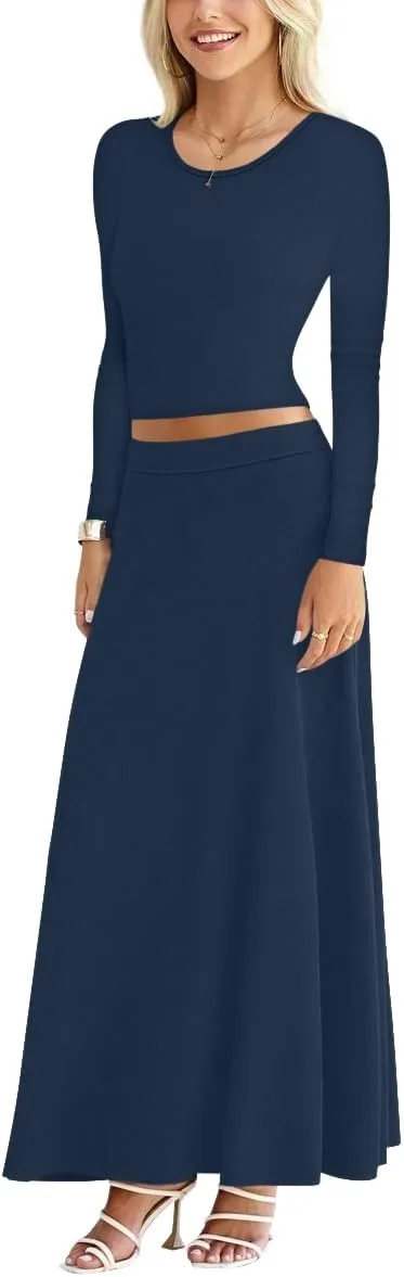 Sweet Hearts 2 Piece Sets for Women- Casual Modal Maxi Skirt Long Sleeve Crop Tops Womens 2 Piece Outfits Fall Made in USA