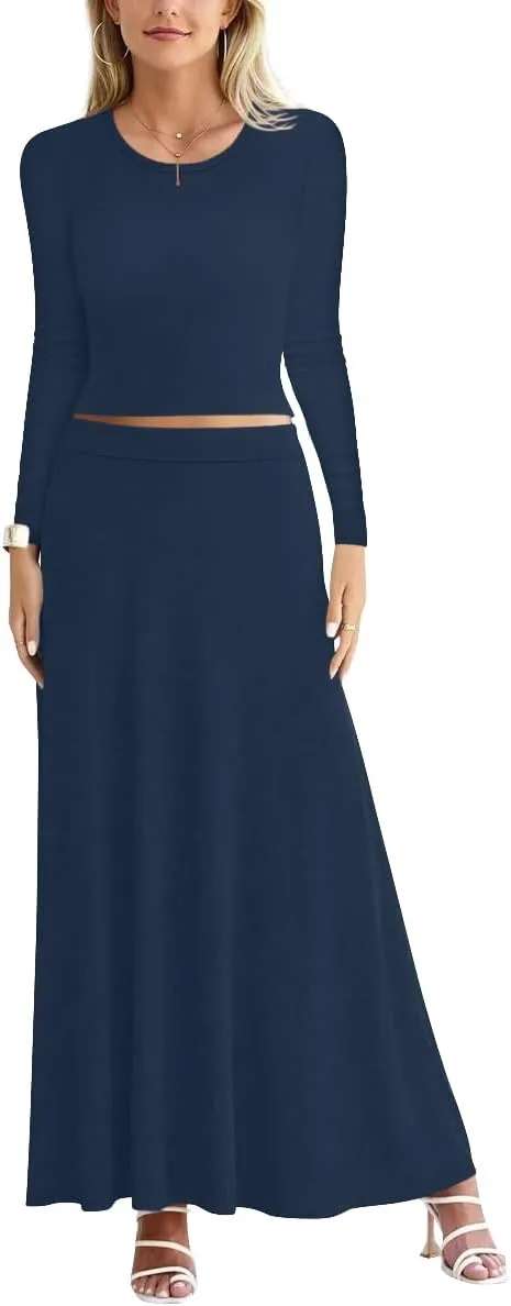 Sweet Hearts 2 Piece Sets for Women- Casual Modal Maxi Skirt Long Sleeve Crop Tops Womens 2 Piece Outfits Fall Made in USA