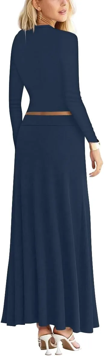 Sweet Hearts 2 Piece Sets for Women- Casual Modal Maxi Skirt Long Sleeve Crop Tops Womens 2 Piece Outfits Fall Made in USA
