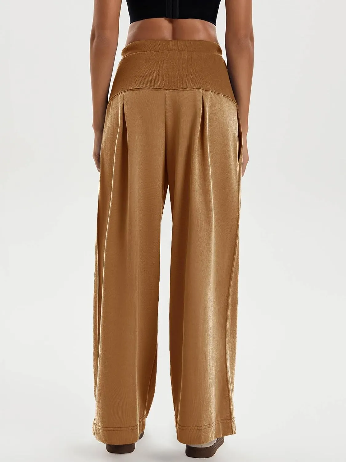 Tankaneo Womens Pleated Wide Leg Sweatpants Baggy Drawstring High Waisted Pants Casual Comfy Palazzo Lounge Pants
