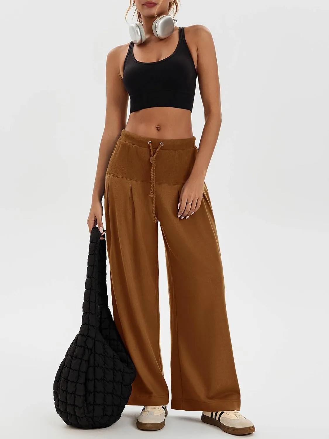 Tankaneo Womens Pleated Wide Leg Sweatpants Baggy Drawstring High Waisted Pants Casual Comfy Palazzo Lounge Pants