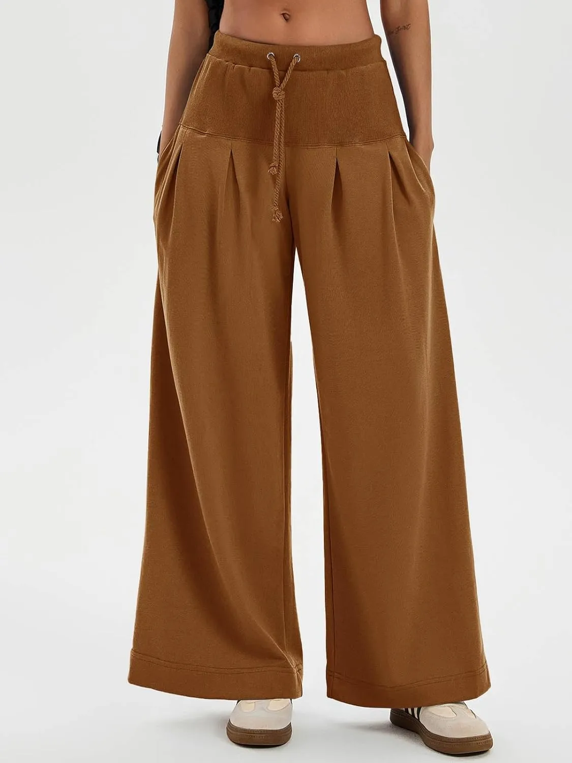Tankaneo Womens Pleated Wide Leg Sweatpants Baggy Drawstring High Waisted Pants Casual Comfy Palazzo Lounge Pants