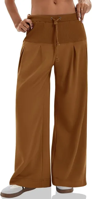 Tankaneo Womens Pleated Wide Leg Sweatpants Baggy Drawstring High Waisted Pants Casual Comfy Palazzo Lounge Pants
