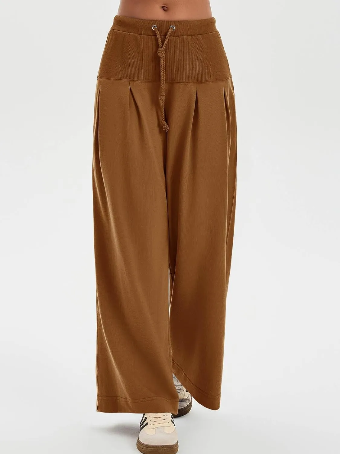 Tankaneo Womens Pleated Wide Leg Sweatpants Baggy Drawstring High Waisted Pants Casual Comfy Palazzo Lounge Pants