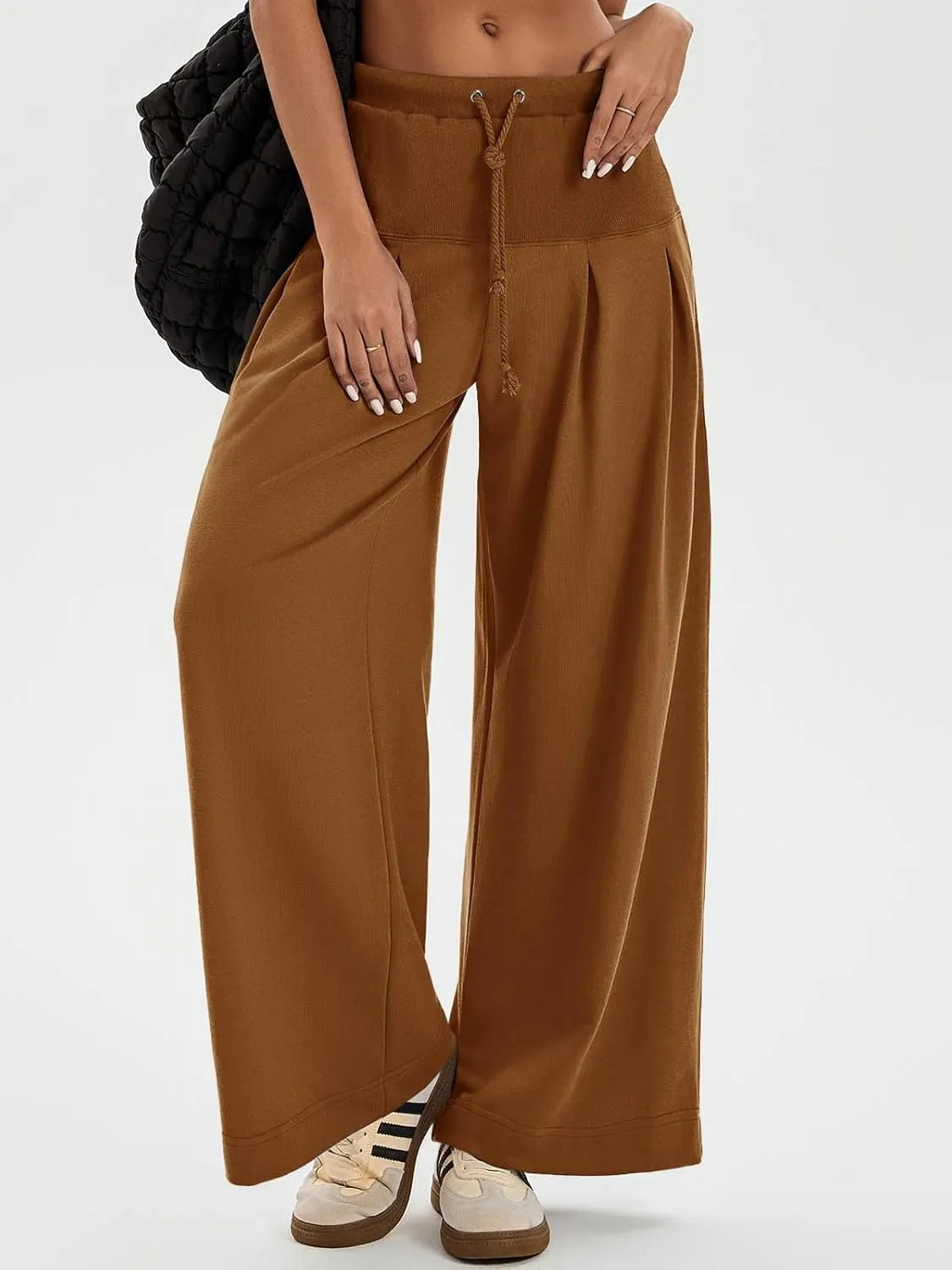Tankaneo Womens Pleated Wide Leg Sweatpants Baggy Drawstring High Waisted Pants Casual Comfy Palazzo Lounge Pants
