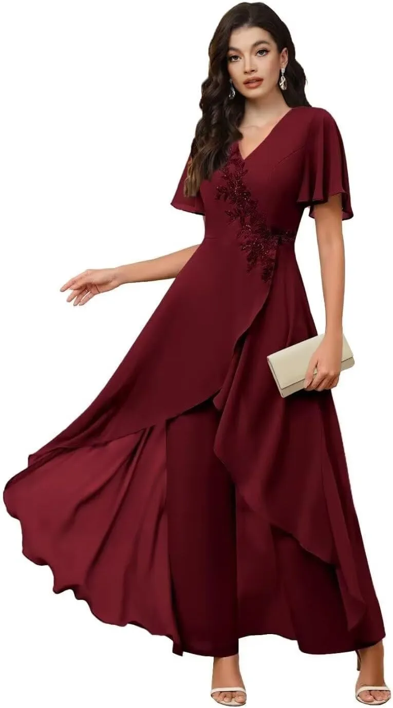TIANMEI Mother of The Bride Pant Suits for Wedding 2 Pieces Chiffon Pantsuits for Wedding Guest Jumpsuit for Women
