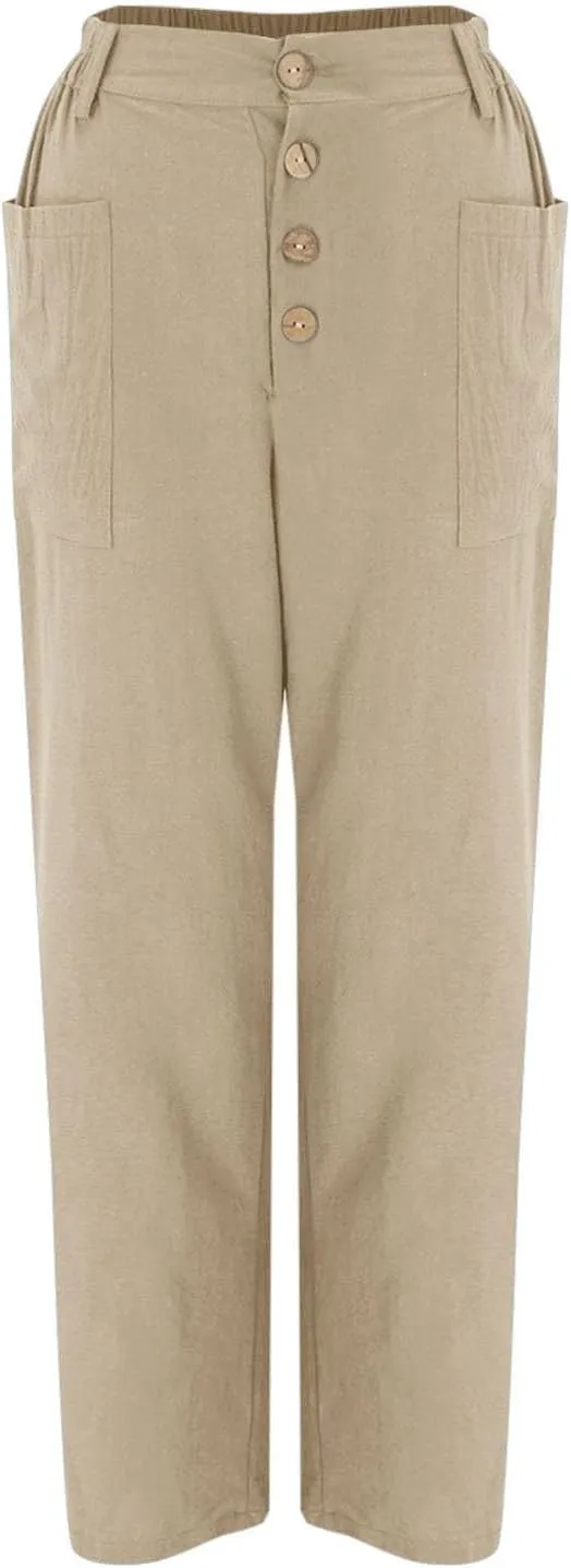 Trendy Button-Fly Straight Leg Pants for Women 2024 Spring Cotton Linen High Waist Lounge Slacks Plus Size Solid Casual Pants