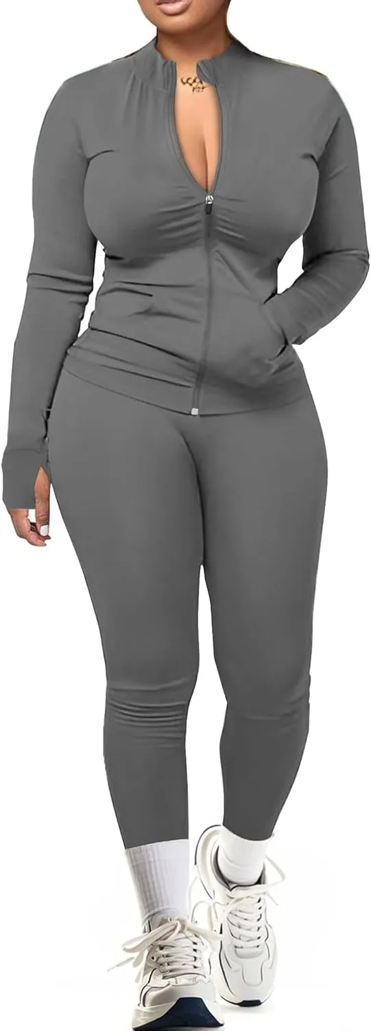 UOUA Two Piece Outfits Women Tracksuit Sets Long Sleeve Zip Up Jacket & Leggings for Gym Workout Set