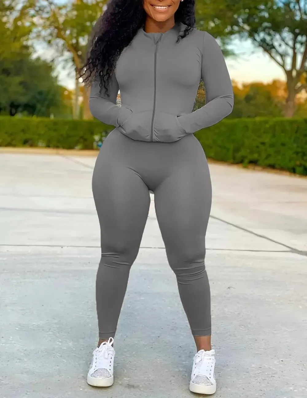 UOUA Two Piece Outfits Women Tracksuit Sets Long Sleeve Zip Up Jacket & Leggings for Gym Workout Set