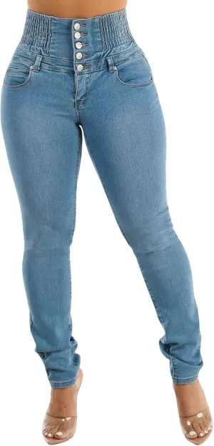 utcoco Womens 2025 Skinny Stretch Butt Lifting Jeans Slim Smocked High Waist Button Pencil Pants Denim Trousers