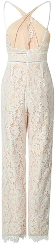 V Neck Spaghetti Strap Jumpsuits for Women Sexy Solid Embroidered Lace Open Back Wide Leg Long Pants