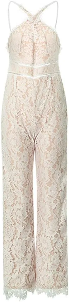 V Neck Spaghetti Strap Jumpsuits for Women Sexy Solid Embroidered Lace Open Back Wide Leg Long Pants