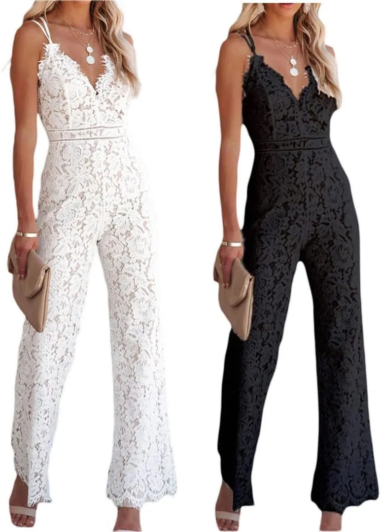 V Neck Spaghetti Strap Jumpsuits for Women Sexy Solid Embroidered Lace Open Back Wide Leg Long Pants