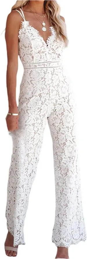 V Neck Spaghetti Strap Jumpsuits for Women Sexy Solid Embroidered Lace Open Back Wide Leg Long Pants