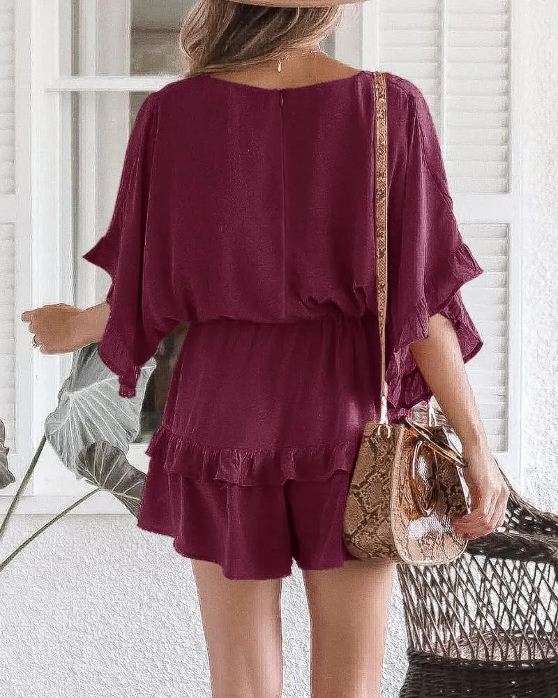 Valphsio Womens V Neck Beach Romper Ruffle Layered Drawstring Waisted Shorts Jumpsuit