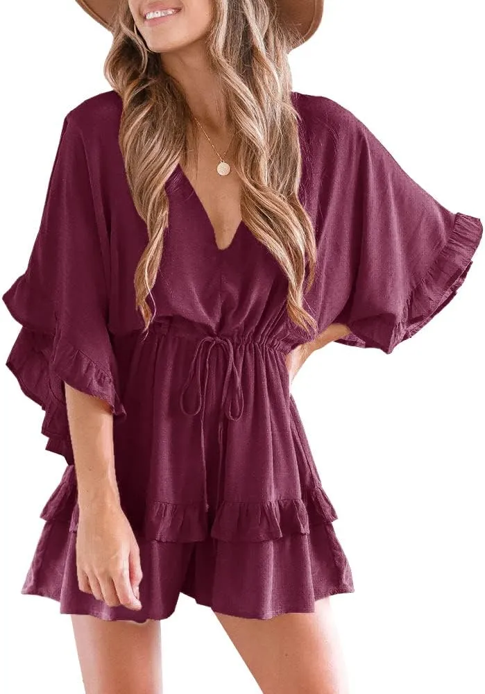 Valphsio Womens V Neck Beach Romper Ruffle Layered Drawstring Waisted Shorts Jumpsuit