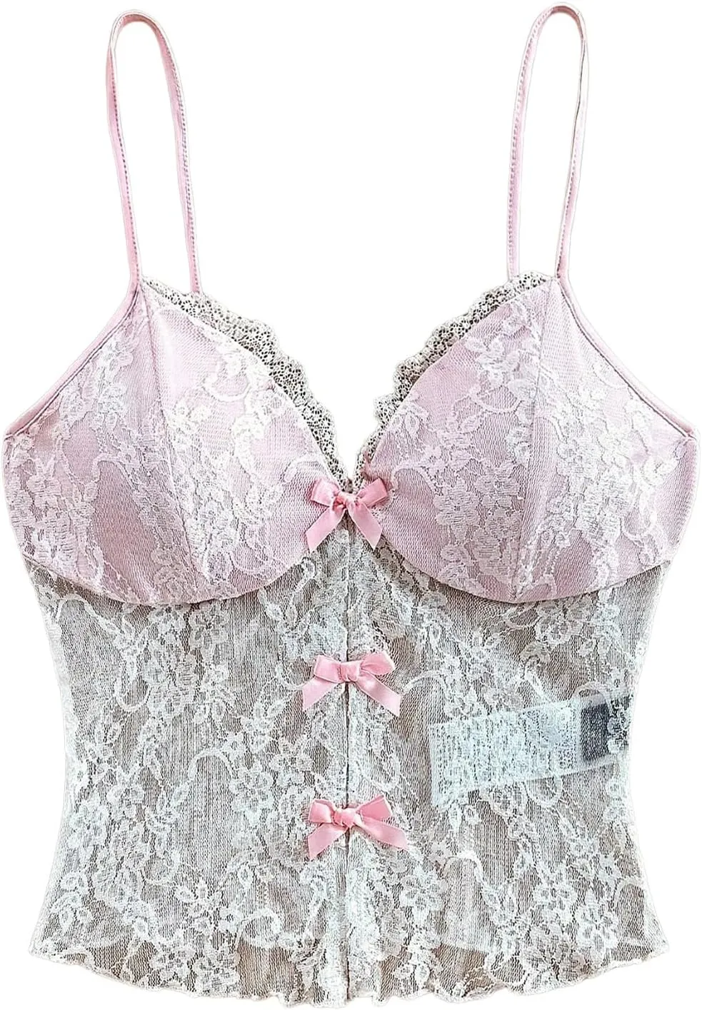 Verdusa Women's Floral Lace Mesh Sheer Bow Knot Crop Cami Top Sleeveless Fitted Camisole