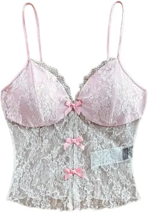 Verdusa Women's Floral Lace Mesh Sheer Bow Knot Crop Cami Top Sleeveless Fitted Camisole