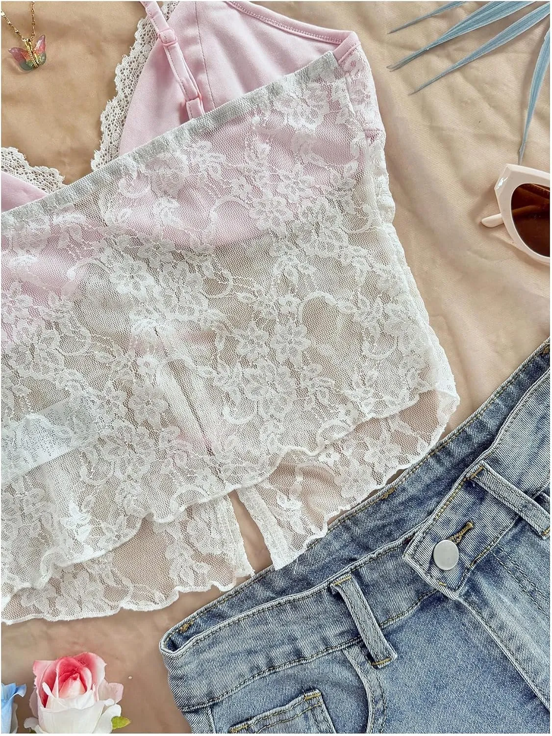 Verdusa Women's Floral Lace Mesh Sheer Bow Knot Crop Cami Top Sleeveless Fitted Camisole