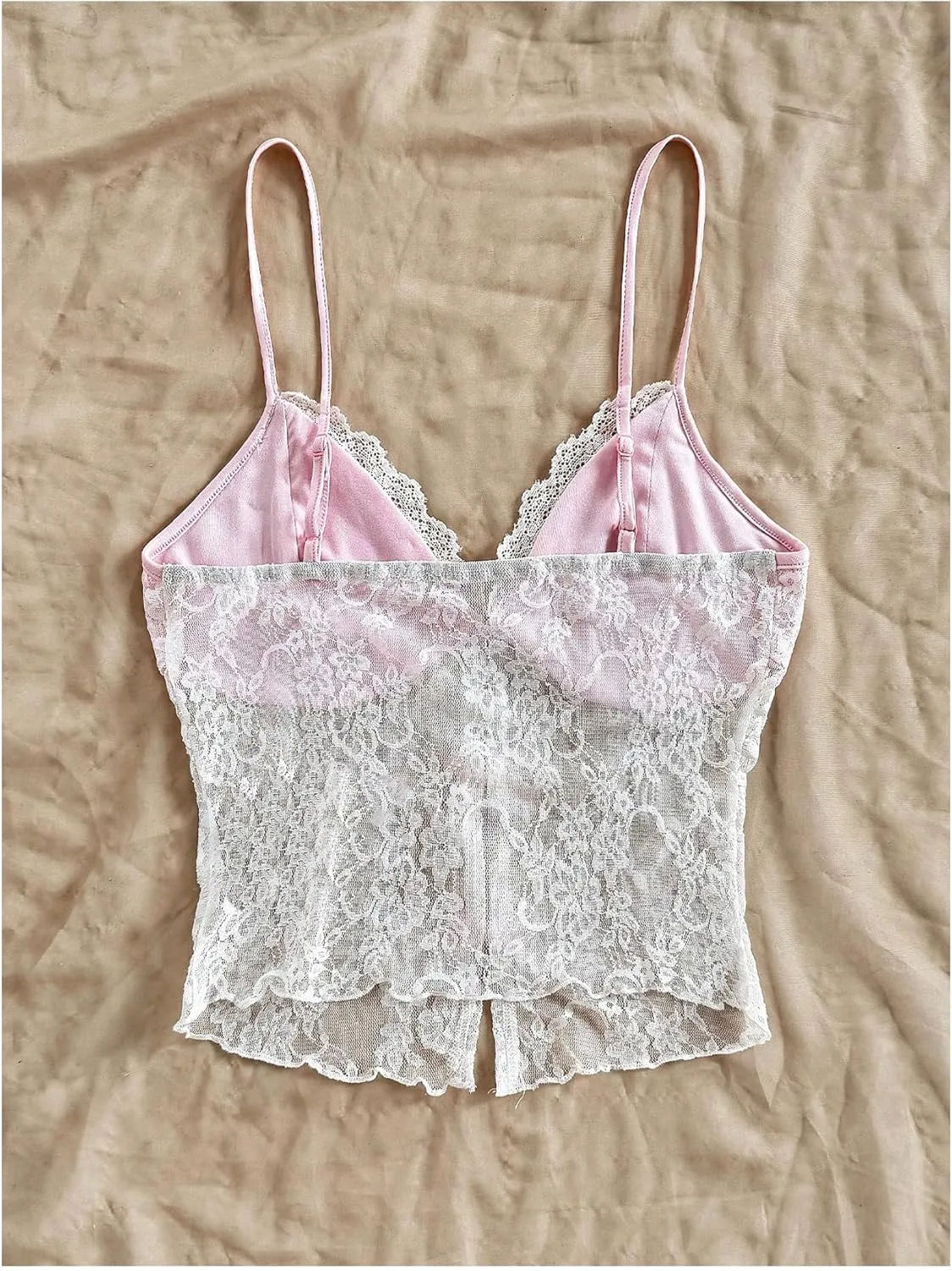 Verdusa Women's Floral Lace Mesh Sheer Bow Knot Crop Cami Top Sleeveless Fitted Camisole