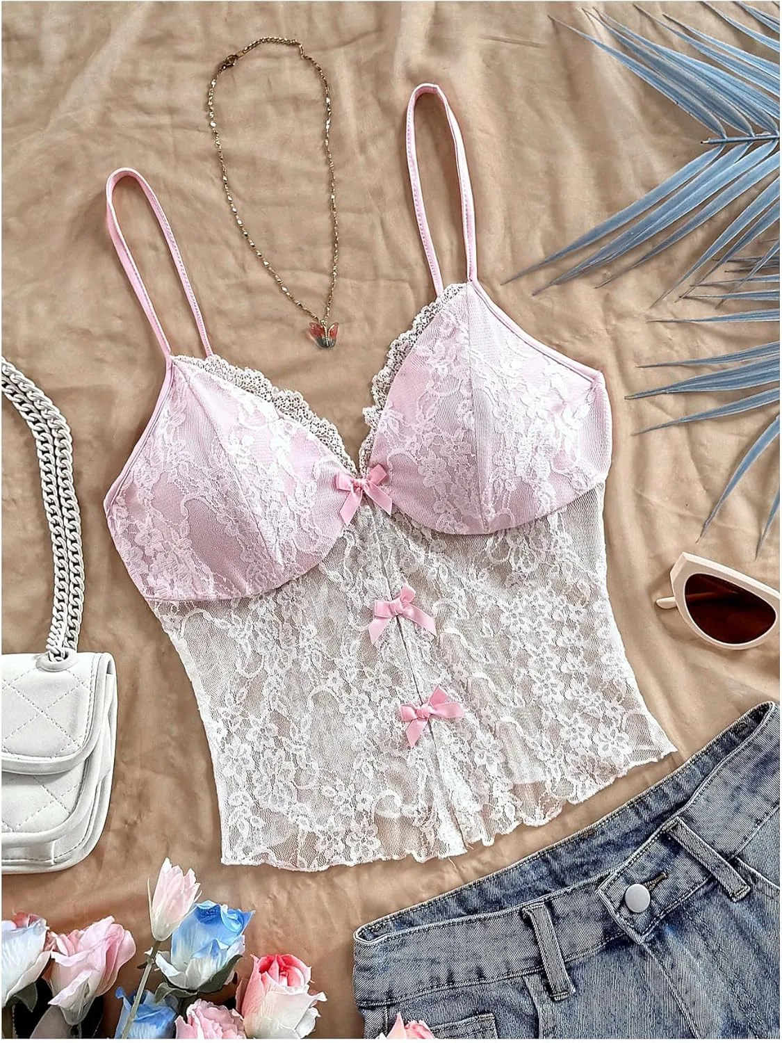 Verdusa Women's Floral Lace Mesh Sheer Bow Knot Crop Cami Top Sleeveless Fitted Camisole