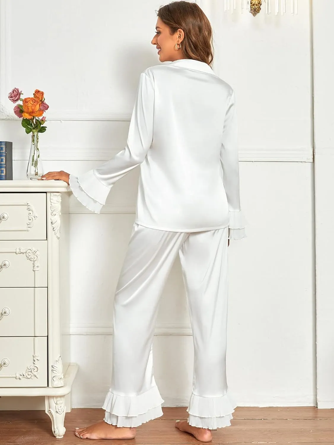 Verdusa Women's Satin Notch Collar Blouse and Ruffle Hem Pants PJ Set