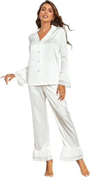 Verdusa Women's Satin Notch Collar Blouse and Ruffle Hem Pants PJ Set