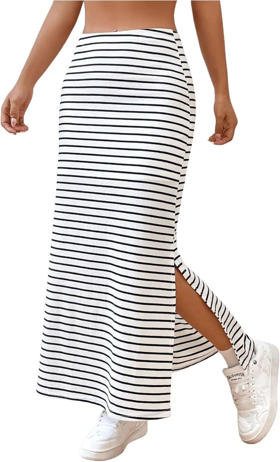 Verdusa Women's Striped Split Long Skirt High Waist Casual Maxi Pencil Skirt