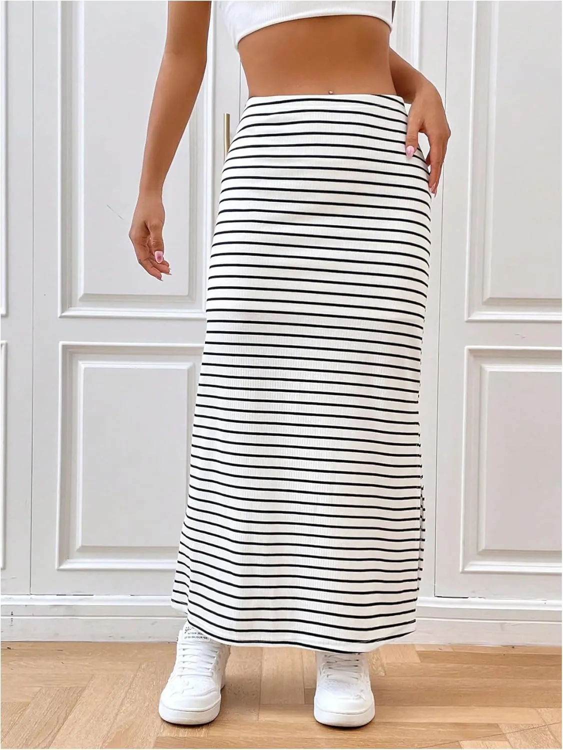 Verdusa Women's Striped Split Long Skirt High Waist Casual Maxi Pencil Skirt