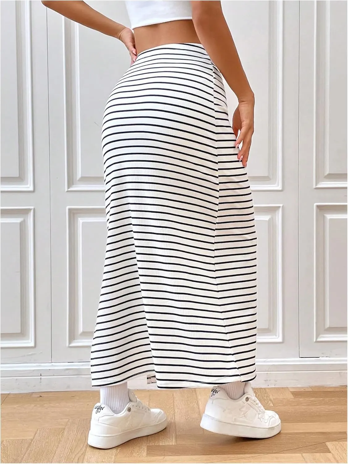 Verdusa Women's Striped Split Long Skirt High Waist Casual Maxi Pencil Skirt