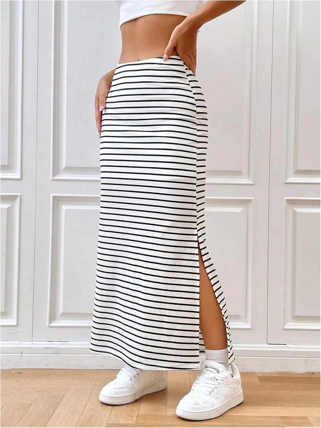Verdusa Women's Striped Split Long Skirt High Waist Casual Maxi Pencil Skirt