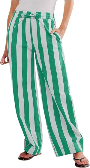 Vertical Striped Wide Leg Pants Womens Vintage High Waist Loungewear Pant Fashion Casual Loose Fit Pocketed Trousers
