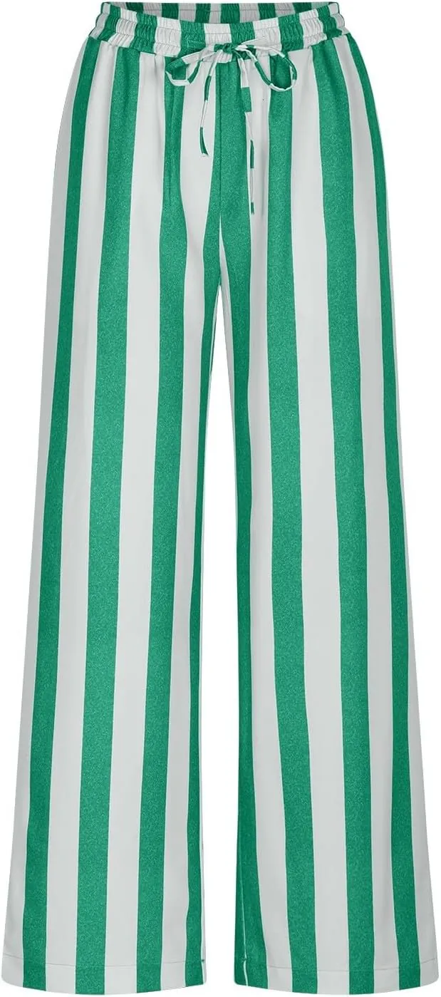 Vertical Striped Wide Leg Pants Womens Vintage High Waist Loungewear Pant Fashion Casual Loose Fit Pocketed Trousers