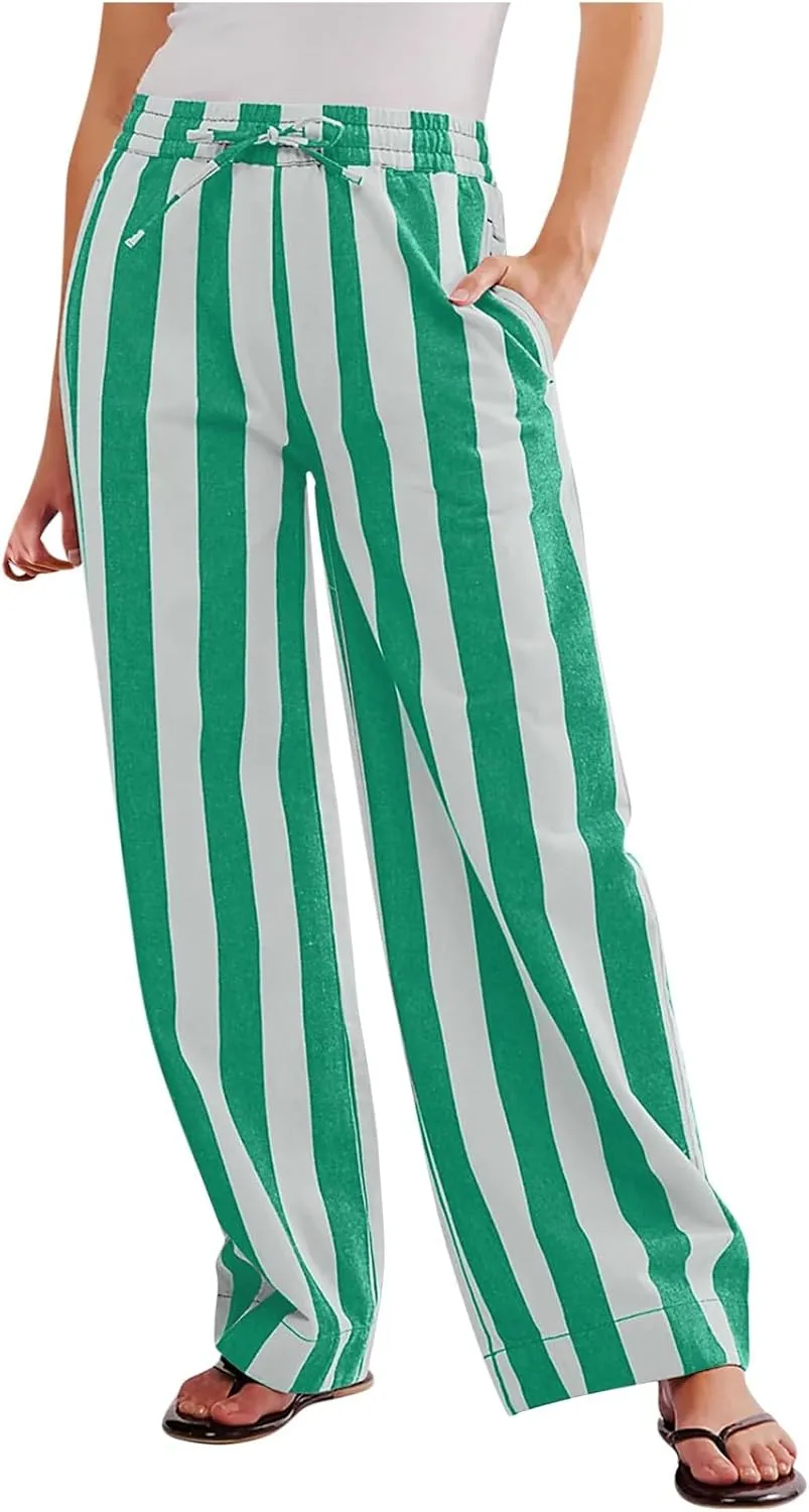 Vertical Striped Wide Leg Pants Womens Vintage High Waist Loungewear Pant Fashion Casual Loose Fit Pocketed Trousers