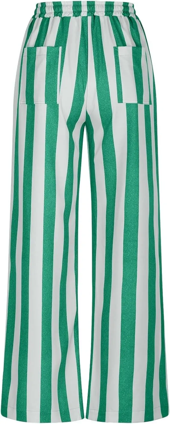 Vertical Striped Wide Leg Pants Womens Vintage High Waist Loungewear Pant Fashion Casual Loose Fit Pocketed Trousers