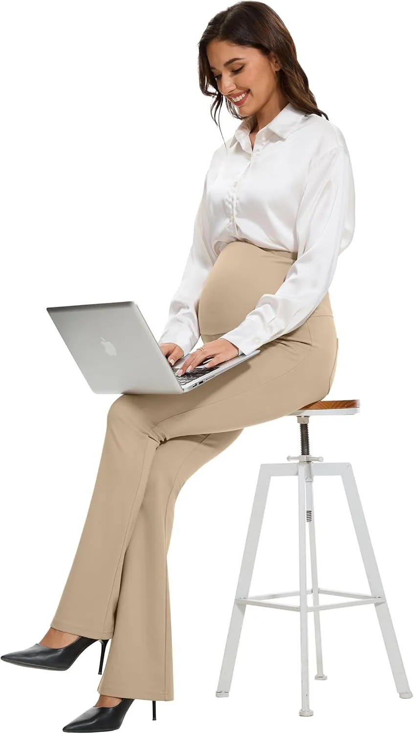 VIMPEP Womens Boot Cut Leg Maternity Yoga Pants High Waist Over The Belly Pregnancy Dress Pants Petite/Regular Pockets 3102