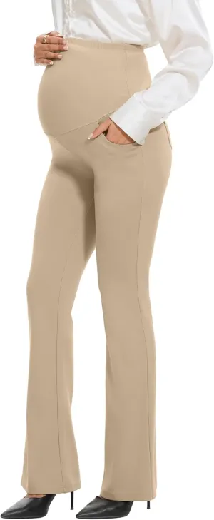 VIMPEP Womens Boot Cut Leg Maternity Yoga Pants High Waist Over The Belly Pregnancy Dress Pants Petite/Regular Pockets 3102
